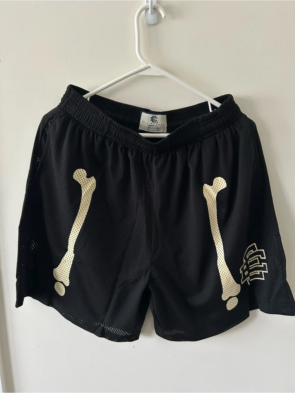 Eric Emanuel Black Mesh Shorts with Gold Bone Print